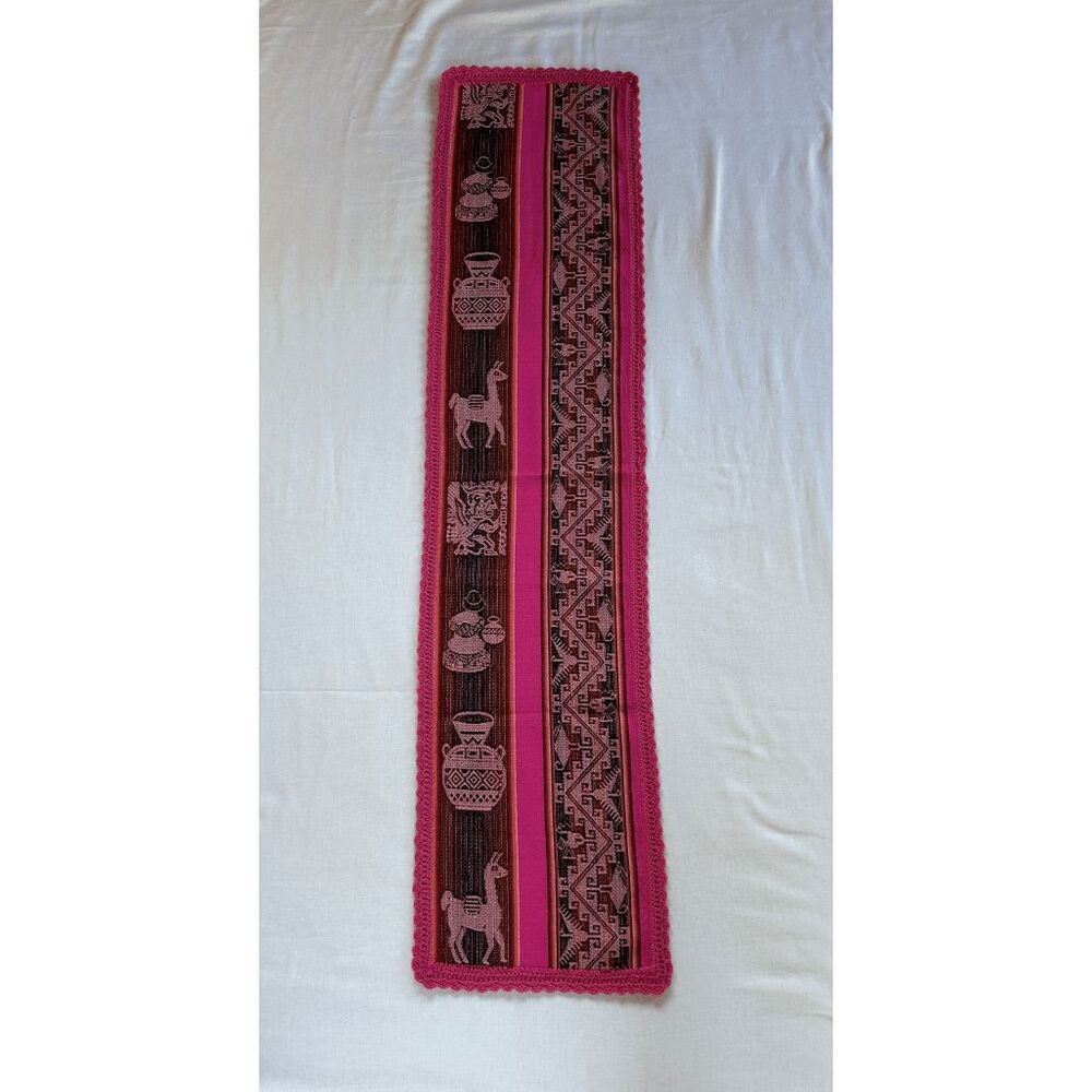 Unique Aztec/Indian Table Runner/Wall Hanging, Tribal Design, Lamas, Vase, Pink